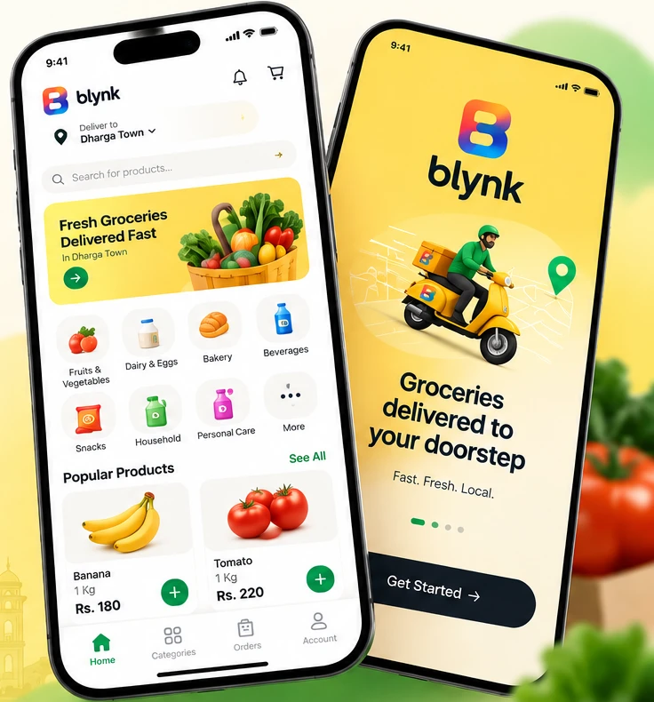 The Blynk app: the home screen with categories and popular products, and the welcome screen